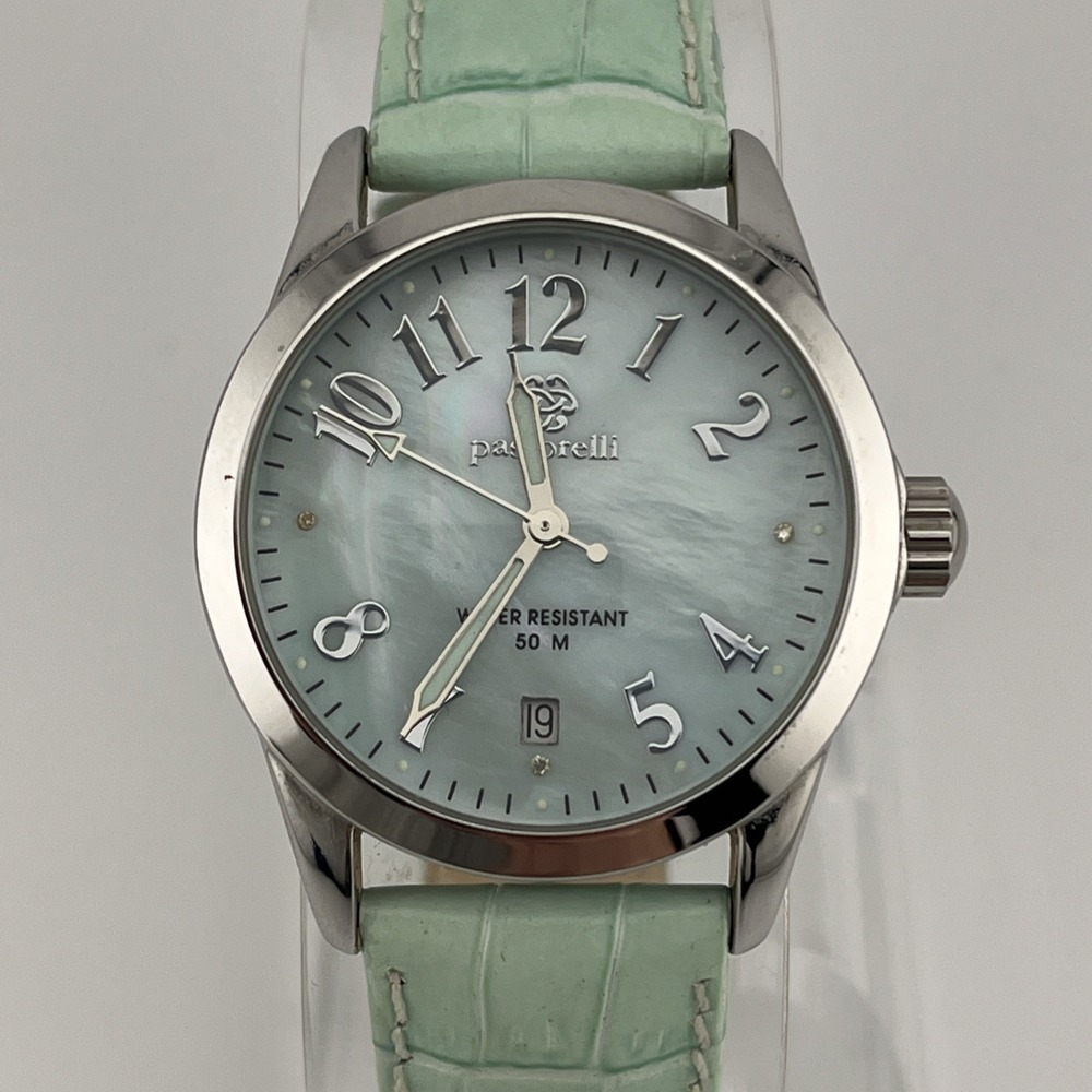 Pastorelli Watch Women 34mm Case MOP Dial Blue Leather Band Swiss- New Battery
